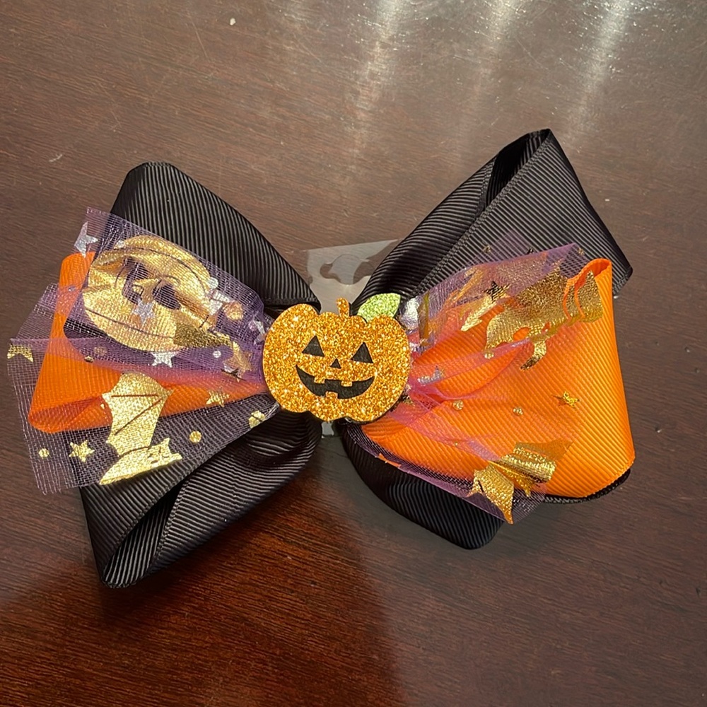 Black and Orange pumpkin Hair Bow Halloween glitter tulle nwt